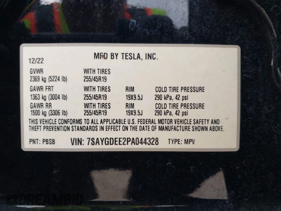 2023 Tesla Model Y Long Range with VIN 7SAYGDEE2PA044328, listed as a IAAI auction lot 42427625 with 41,324 mi miles and . Bid and sale history available at DreamBid. Image 9.