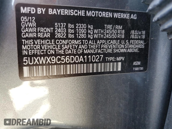 2013 BMW X3 xDrive28i with VIN 5UXWX9C56D0A11027, listed as a Copart auction lot 52176525 with 215,712 mi miles and Clean Title. Bid and sale history available at carsss.com. Image 13.