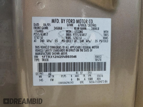2005 Ford F-150 STX with VIN 1FTRX12W25NB93546, listed as a Copart auction lot 63132155 with 198,031 mi miles and Clean title. Bid and sale history available at DreamBid. Image 12.