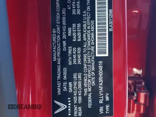 2024 VinFast VF 8 Plus z VIN RLLV1AFA3RH004816, wystawiony jako Copart lot #80691924 z przebiegiem Nie podano mil oraz Szkoda całkowita • Salvage title. Historia ofert i sprzedaży dostępna na DreamBid. Obrazek 12.
