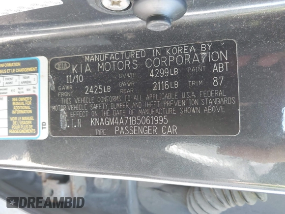 2011 Kia Optima LX with VIN KNAGM4A71B5061995, listed as a IAAI auction lot 42129683 with 207,110 mi miles and . Bid and sale history available at carsss.com. Image 9.