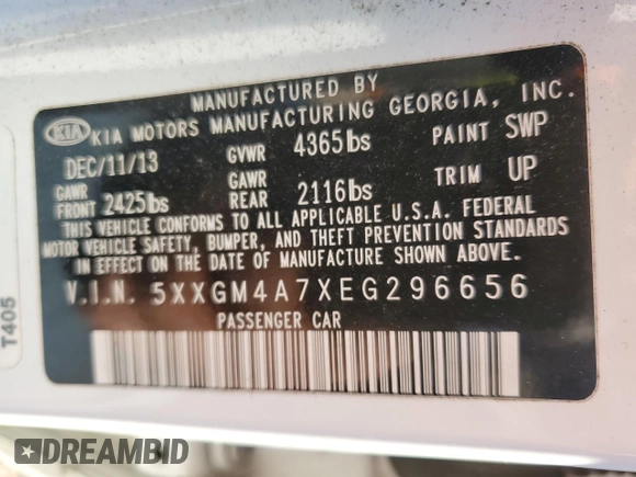 2014 Kia Optima LX z VIN 5XXGM4A7XEG296656, wystawiony jako Copart lot #41903485 z przebiegiem 113 587 mil mil oraz Szkoda całkowita • Salvage title. Historia ofert i sprzedaży dostępna na DreamBid. Obrazek 14.