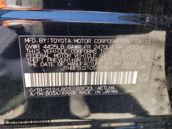 2012 Lexus IS 250 with VIN JTHBF5C21C5176028, listed as a Copart auction lot 58313524 with 174,201 mi miles and Salvage Title. Bid and sale history available at DreamBid. Image 12.