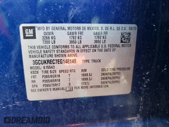 2014 Chevrolet Silverado 1500 LT with VIN 3GCUKREC7EG148149, listed as a Copart auction lot 49399395 with 175,887 mi miles and Non Repairable. Bid and sale history available at DreamBid. Image 12.