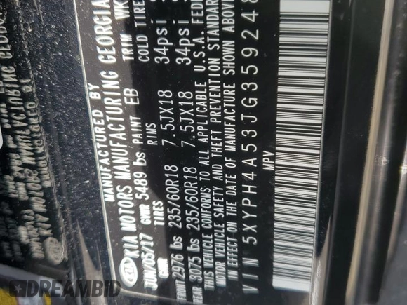 2018 Kia Sorento EX z VIN 5XYPH4A53JG359248, wystawiony jako Copart lot #56368755 z przebiegiem 49 702 mil mil oraz Szkoda całkowita • Salvage title. Historia ofert i sprzedaży dostępna na DreamBid. Obrazek 13.