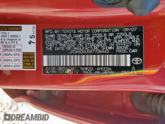 2008 Toyota Prius с VIN JTDKB20U587708443, выставлен на аукционе Copart как лот 65967825 с пробегом 183 449 миль миль и Чистый • Clean title. История ставок и продаж доступна на DreamBid. Изображение 13.