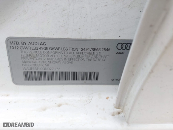 2013 Audi A4 Premium Plus with VIN WAUFFAFL0DN027172, listed as a IAAI auction lot 41996893 with 231,809 mi miles. Bid and sale history available at carsss.com. Image 9.