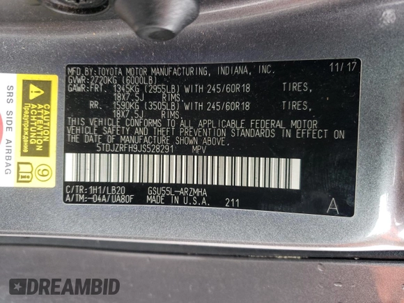 2018 Toyota Highlander SE with VIN 5TDJZRFH9JS528291, listed as a Copart auction lot 56568275 with 74,619 mi miles and Salvage title. Bid and sale history available at DreamBid. Image 13.