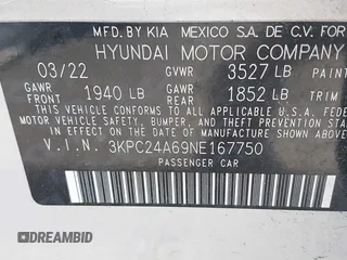 2022 Hyundai Accent SE with VIN 3KPC24A69NE167750, listed as a IAAI auction lot 37355800 with Not Provided miles and . Bid and sale history available at carsss.com. Image 9.