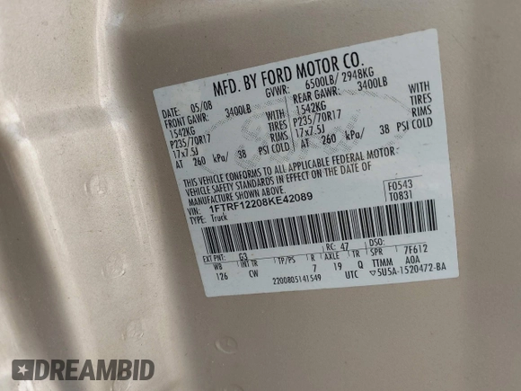 2008 Ford F-150 XL with VIN 1FTRF12208KE42089, listed as a IAAI auction lot 42211761 with 59,930 mi miles and . Bid and sale history available at DreamBid. Image 9.