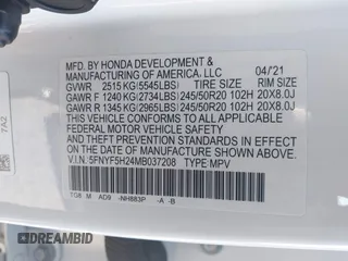 2021 Honda Pilot Special Edition with VIN 5FNYF5H24MB037208, listed as a IAAI auction lot 41319708 with 64,633 mi miles and . Bid and sale history available at DreamBid. Image 9.