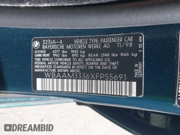 1999 BMW 3 Series 323i with VIN WBAAM3336XFP55691, listed as a IAAI auction lot 42033522 with 129,067 mi miles. Bid and sale history available at carsss.com. Image 9.
