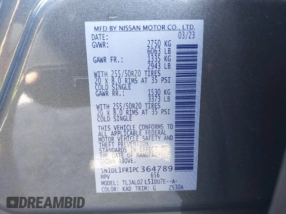 2023 Infiniti QX60 Luxe with VIN 5N1DL1FR1PC364789, listed as a IAAI auction lot 41833310 with 18,655 mi miles and . Bid and sale history available at DreamBid. Image 9.
