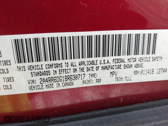 2011 Chrysler Town & Country Limited with VIN 2A4RR6DG1BR630717, listed as a IAAI auction lot 41652892 with 156,435 mi miles. Bid and sale history available at carsss.com. Image 9.