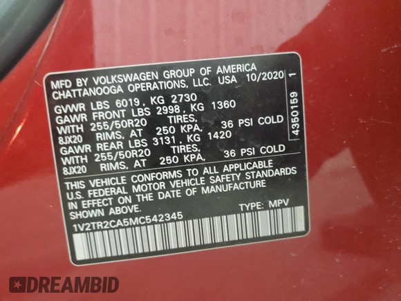 2021 Volkswagen Atlas SEL Premium with VIN 1V2TR2CA5MC542345, listed as a Copart auction lot 51845685 with 30,859 mi miles and Salvage title. Bid and sale history available at DreamBid. Image 15.