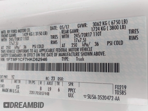 2017 Ford F-150 XL with VIN 1FTMF1CF7HKD62946, listed as a IAAI auction lot 41824393 with 116,964 mi miles. Bid and sale history available at carsss.com. Image 9.