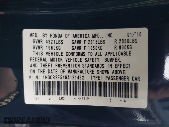 2016 Honda Accord Sport с VIN 1HGCR2F54GA121492, выставлен на аукционе IAAI как лот 41573293 с пробегом 68 417 миль миль и . История ставок и продаж доступна на DreamBid. Изображение 9.