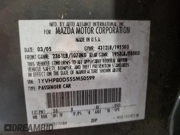 2005 Mazda 6 Sport S with VIN 1YVHP80D555M50599, listed as a Copart auction lot 46394155 with 98,392 mi miles and Salvage Title. Bid and sale history available at DreamBid. Image 12.
