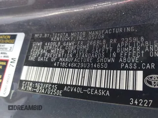 2009 Toyota Camry with VIN 4T1BE46K29U314650, listed as a IAAI auction lot 42058495 with 248,223 mi miles. Bid and sale history available at carsss.com. Image 9.