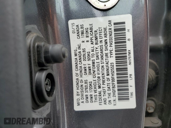 2015 Honda Civic EX-L with VIN 2HGFB2F99FH525523, listed as a Copart auction lot 53046005 with 23,618 mi miles and Salvage Title. Bid and sale history available at DreamBid. Image 14.