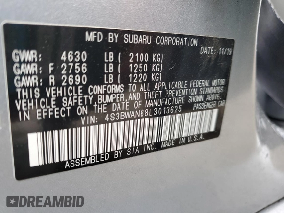 2020 Subaru Legacy Limited with VIN 4S3BWAN68L3013625, listed as a Copart auction lot 49170775 with 12,912 mi miles and Salvage Title. Bid and sale history available at DreamBid. Image 14.
