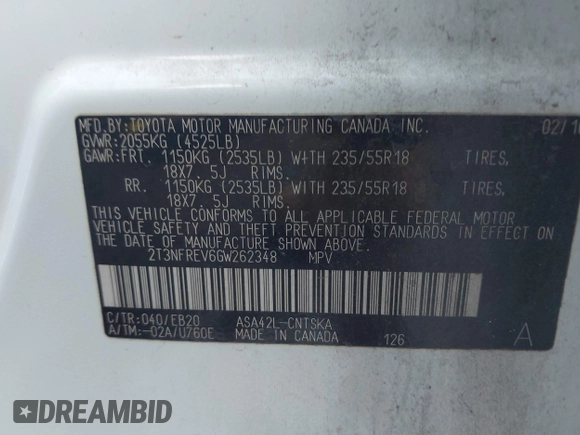 2016 Toyota RAV4 SE with VIN 2T3NFREV6GW262348, listed as a IAAI auction lot 42074087 with 114,791 mi miles and . Bid and sale history available at DreamBid. Image 9.