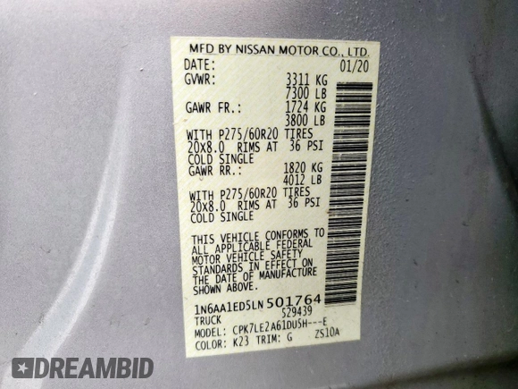 2020 Nissan Titan SL с VIN 1N6AA1ED5LN501764, выставлен на аукционе Copart как лот 53825815 с пробегом 161 163 миль миль и Списание • Salvage title. История ставок и продаж доступна на DreamBid. Изображение 12.