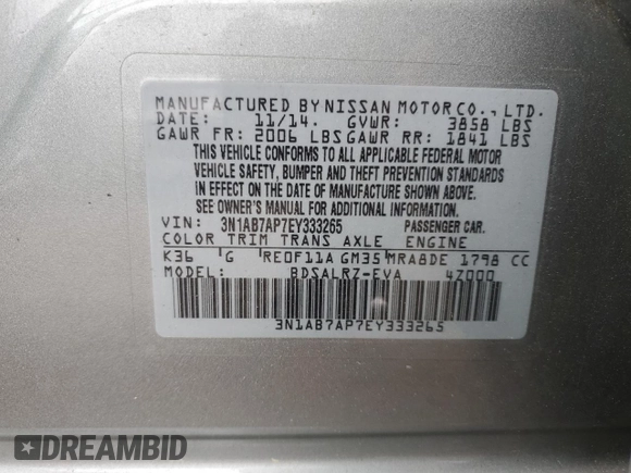 2014 Nissan Sentra SV with VIN 3N1AB7AP7EY333265, listed as a Copart auction lot 57953125 with 118,277 mi miles and Salvage title. Bid and sale history available at DreamBid. Image 13.