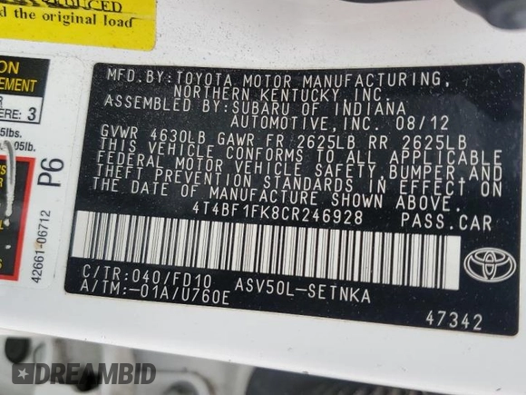 2012 Toyota Camry L with VIN 4T4BF1FK8CR246928, listed as a Copart auction lot 54001015 with 134,095 mi miles and Salvage Title. Bid and sale history available at carsss.com. Image 12.