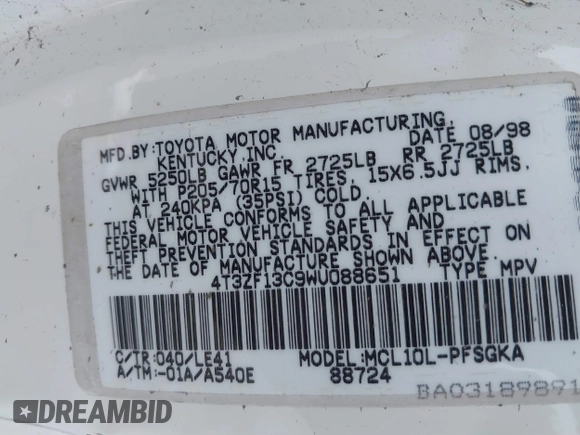 1998 Toyota Sienna LE с VIN 4T3ZF13C9WU088651, выставлен на аукционе IAAI как лот 41820184 с пробегом 172 808 миль миль и . История ставок и продаж доступна на DreamBid. Изображение 9.