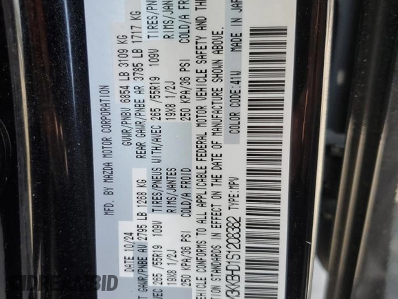 2025 Mazda CX-90 Preferred with VIN JM3KKBHD1S1208382, listed as a Copart auction lot 49275765 with 15,200 mi miles and Salvage title. Bid and sale history available at DreamBid. Image 16.