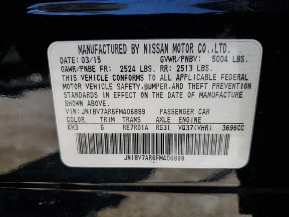2015 Infiniti Q50 Premium с VIN JN1BV7AR6FM406899, выставлен на аукционе Copart как лот 57486625 с пробегом 222 030 миль миль и Списание • Salvage title. История ставок и продаж доступна на DreamBid. Изображение 13.