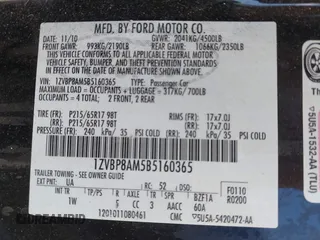 2011 Ford Mustang V6 with VIN 1ZVBP8AM5B5160365, listed as a IAAI auction lot 42003791 with 175,579 mi miles and . Bid and sale history available at carsss.com. Image 9.