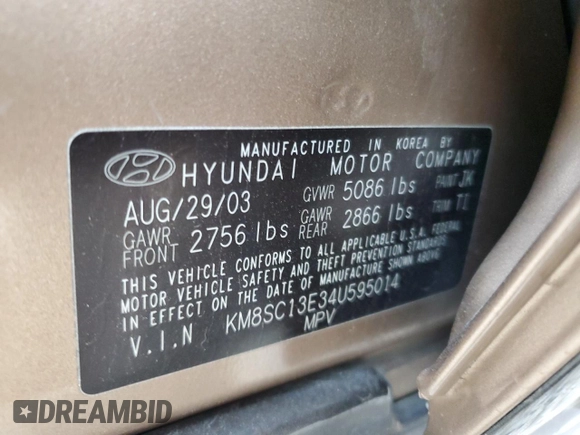 2004 Hyundai Santa Fe GLS with VIN KM8SC13E34U595014, listed as a Copart auction lot 55642745 with 69,303 mi miles and Salvage title. Bid and sale history available at DreamBid. Image 13.
