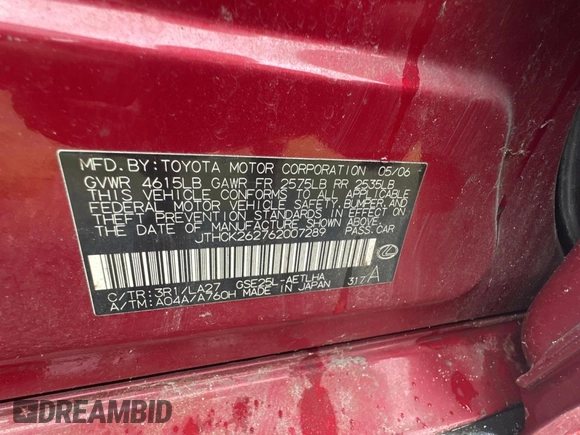 2006 Lexus IS 250 with VIN JTHCK262762007289, listed as a Copart auction lot 82010954 with 106,668 mi miles and Clean Title. Bid and sale history available at DreamBid. Image 10.