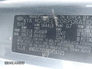 2008 Kia Sorento LX z VIN KNDJC735385819725, wystawiony jako IAAI lot #42487480 z przebiegiem 107 284 mil mil oraz . Historia ofert i sprzedaży dostępna na DreamBid. Obrazek 9.