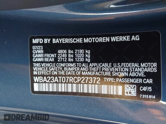 2024 BMW 4 Series 430i z VIN WBA23AT07RCP27372, wystawiony jako IAAI lot #41435983 z przebiegiem 12 924 mil mil oraz . Historia ofert i sprzedaży dostępna na DreamBid. Obrazek 9.