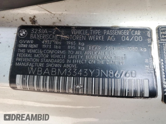 2000 BMW 3 Series 323Ci with VIN WBABM3343YJN86760, listed as a Copart auction lot 78808594 with 134,945 mi miles and Clean Title. Bid and sale history available at DreamBid. Image 12.