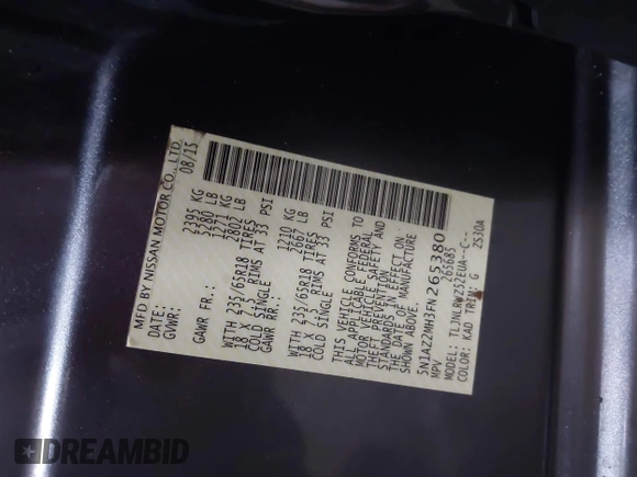 2015 Nissan Murano Platinum with VIN 5N1AZ2MH3FN265380, listed as a IAAI auction lot 41705918 with 149,967 mi miles and . Bid and sale history available at DreamBid. Image 9.