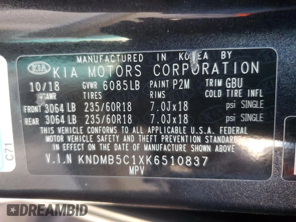2019 Kia Sedona EX with VIN KNDMB5C1XK6510837, listed as a Copart auction lot 50980205 with 107,762 mi miles and Salvage Title. Bid and sale history available at carsss.com. Image 13.