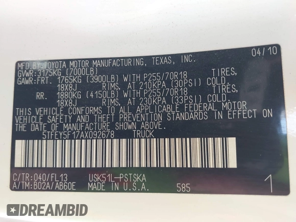2010 Toyota Tundra with VIN 5TFEY5F17AX092678, listed as a IAAI auction lot 42443054 with 352,366 mi miles and . Bid and sale history available at DreamBid. Image 9.