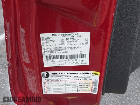 2013 Ford F-150 XL z VIN 1FTFW1CF7DFC31706, wystawiony jako IAAI lot #42468918 z przebiegiem 158 563 mil mil oraz . Historia ofert i sprzedaży dostępna na DreamBid. Obrazek 9.