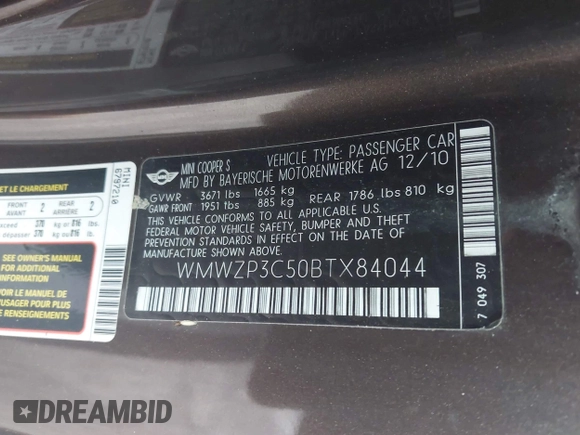 2011 MINI Convertible S with VIN WMWZP3C50BTX84044, listed as a IAAI auction lot 42669717 with Not provided miles and . Bid and sale history available at DreamBid. Image 9.