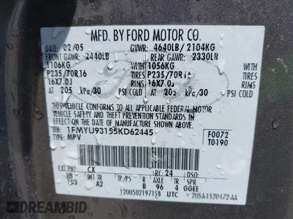 2005 Ford Escape XLT с VIN 1FMYU93155KD62445, выставлен на аукционе IAAI как лот 42222822 с пробегом 271 091 миль миль и . История ставок и продаж доступна на DreamBid. Изображение 9.
