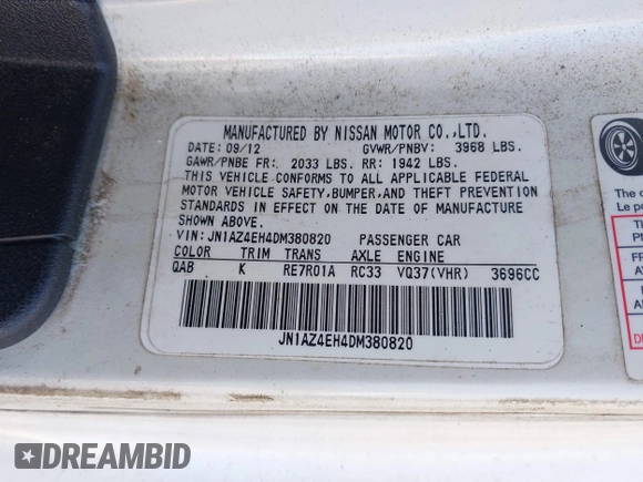 2013 Nissan 370Z z VIN JN1AZ4EH4DM380820, wystawiony jako IAAI lot #41547638 z przebiegiem 118 222 mil mil oraz . Historia ofert i sprzedaży dostępna na DreamBid. Obrazek 9.