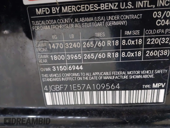 2007 Mercedes-Benz GL 450 with VIN 4JGBF71E57A109564, listed as a IAAI auction lot 42044634 with 177,844 mi miles and . Bid and sale history available at DreamBid. Image 9.