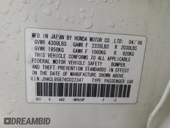 2006 Acura TSX with VIN JH4CL95876C022347, listed as a Copart auction lot 46746655 with 198,315 mi miles and Non repairable. Bid and sale history available at DreamBid. Image 12.