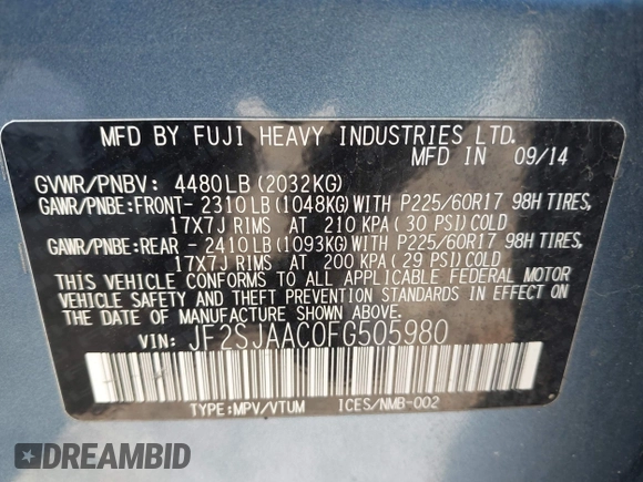 2015 Subaru Forester 2.5i with VIN JF2SJAAC0FG505980, listed as a IAAI auction lot 42010748 with 129,584 mi miles. Bid and sale history available at carsss.com. Image 9.