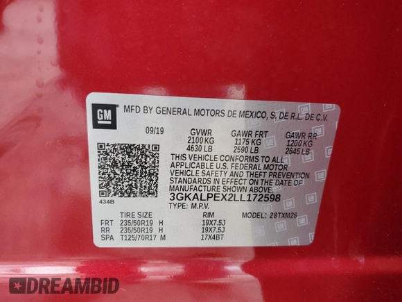 2020 GMC Terrain SLT with VIN 3GKALPEX2LL172598, listed as a Copart auction lot 53658905 with 58,697 mi miles and Salvage title. Bid and sale history available at DreamBid. Image 15.