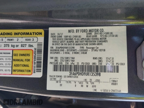 2018 Ford Fusion SE with VIN 3FA6P0HD9JR135398, listed as a IAAI auction lot 41315846 with 96,798 mi miles. Bid and sale history available at carsss.com. Image 9.
